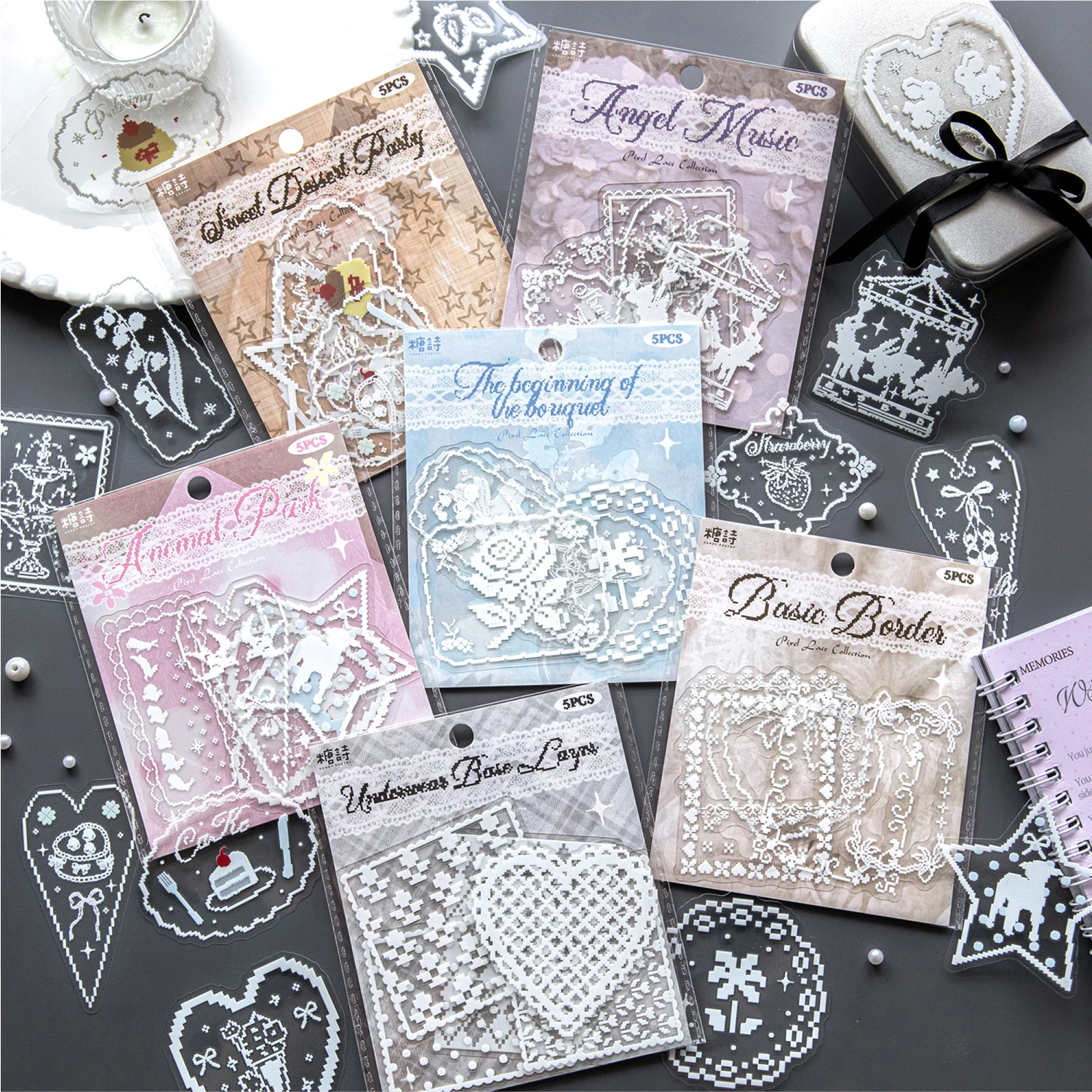 Lot de 5 autocollants de transfert à bordure basique, série dentelle 'Bean Collar' et thème dentelle Kawaii Ins, pour DIY, fournitures pour agenda, album, scrapbook et journal