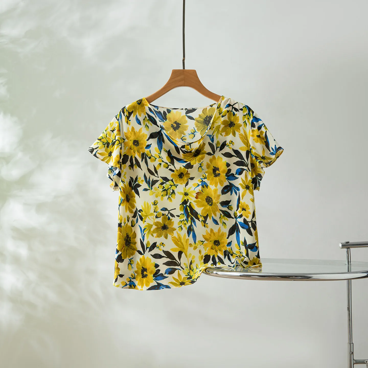 Winsleter-100%Real Silk Double Crepe Elegant T-Shirt, Short Sleeve Floral Print, Women Thin Loose Top, 2026 Summer New T66602CC