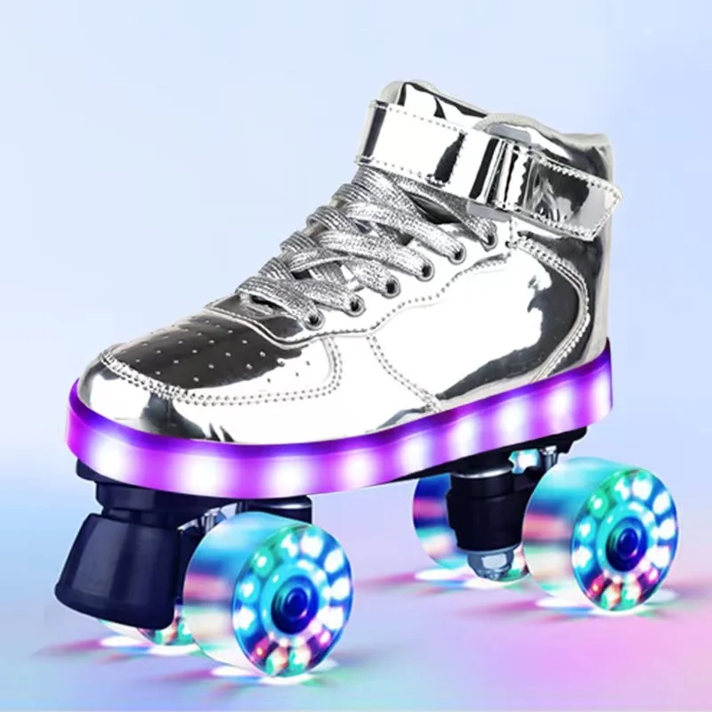 Size 28-46 LED USB Recharge Soles Adult Kids Double Row Roller Skates Pulley Shoes Patins With 4-Wheel Luminous Sliding Sneakers