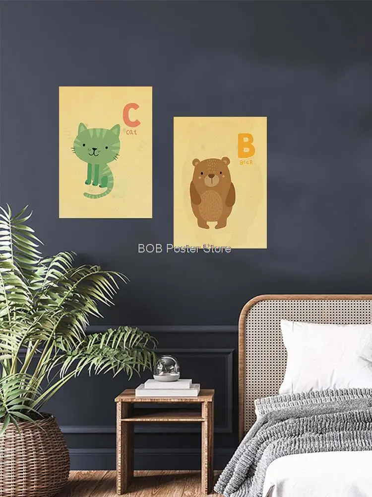 Cute Cartoon English Letter Animal Poster Vintage Kraft Paper Kids Enlightenment Room Decoration Home Art Wall Decal Painting