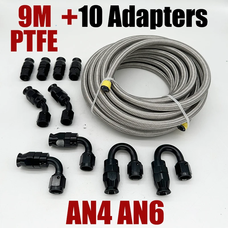 

9M AN4 AN6 E85 Tube Stainless Steel Braided PTFE Fuel Hose Oil Gas Line Turbo Cooler Pipe 0+45+90+180 Degree 10pcs End Fittings
