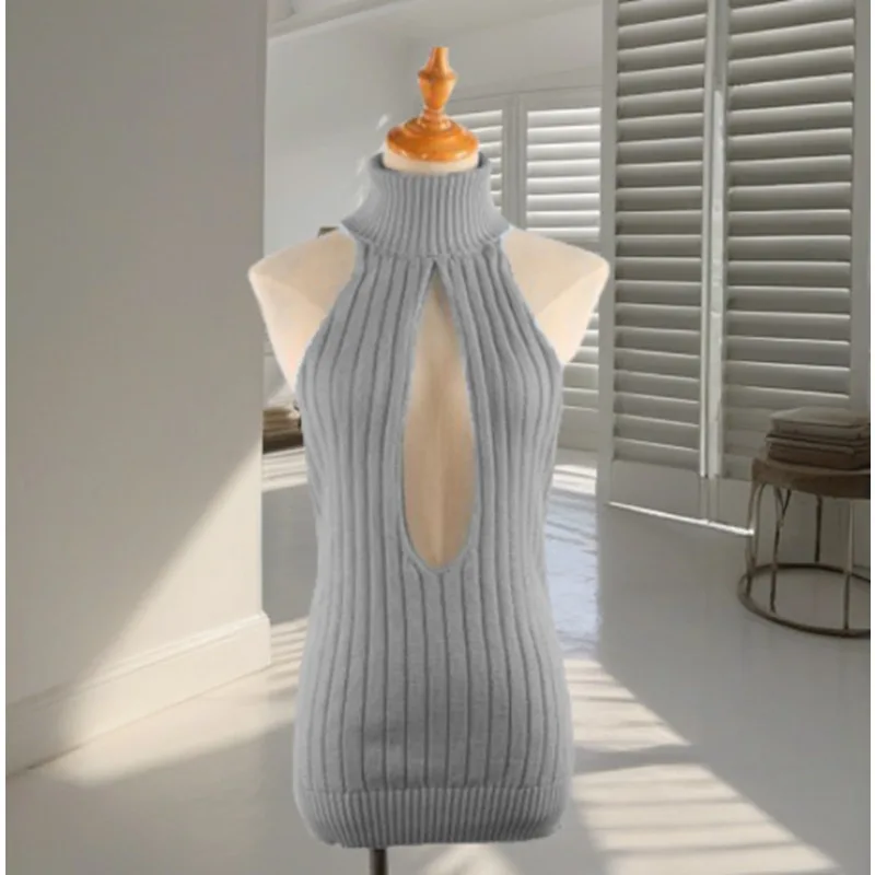 

Японский женский свитер с открытыми плечами и открытой спиной, сексуальный тонкий вязаный свитер без рукавов на шнуровке с высоким воротом для женщин