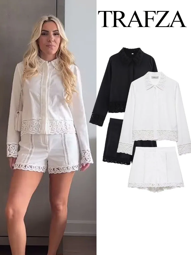

TRAFZA Women Shorts Suit Chic Crochet Hollow Long Sleeves Single-Breasted Lapel White Shirt Top+High Waist Casual Loose Shorts
