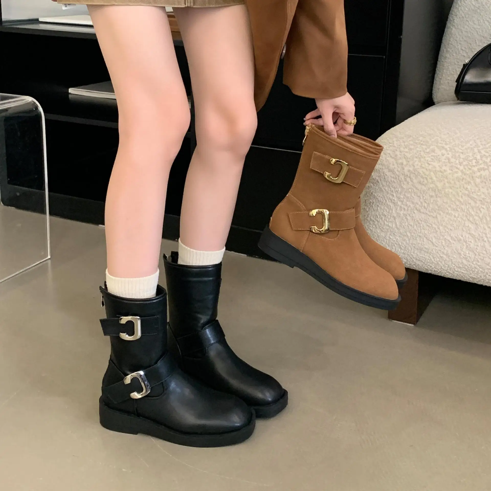 Stivali da donna Scarpe con punta tonda Stivali-Calzature invernali da donna Zoccoli Piattaforma Rock Low Autunno 2024 a metà polpaccio Gomma a metà polpaccio Lolita Ridi