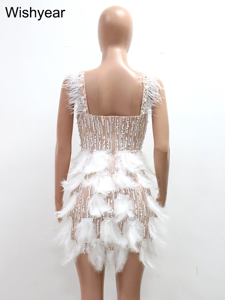 Nowa elegancka luksusowa perłowa sukienka z piórami Bodycon Midi sukienka seksowna impreza w klubie nocnym gość weselny wieczór kobiety odzież urodzinowa — zdjęcie 6