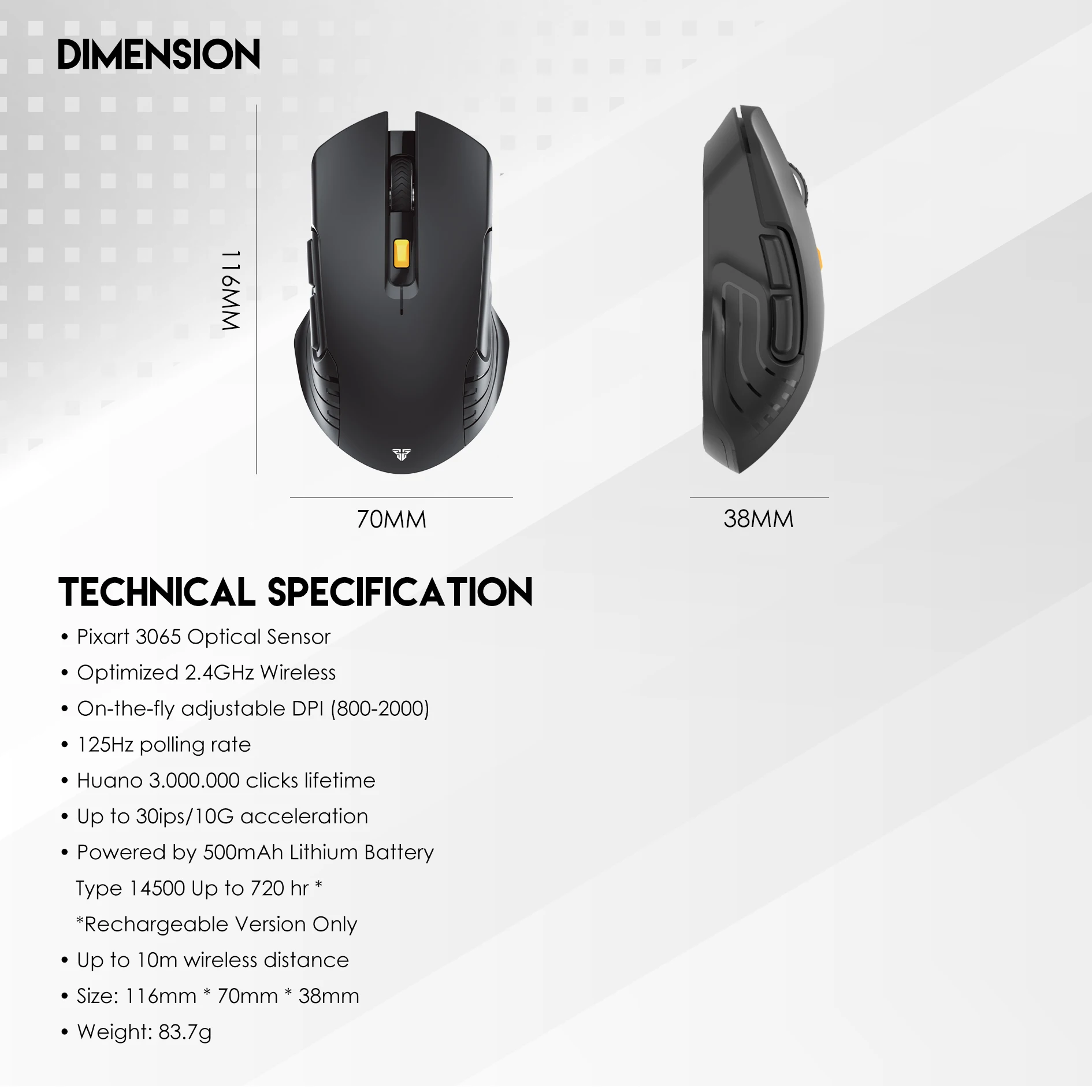 Беспроводная мышь FANTECH RAIGOR III WG12R используется с перезаряжаемой батареей на 720 часов, микрофоном 2000 точек на дюйм для игрового офиса