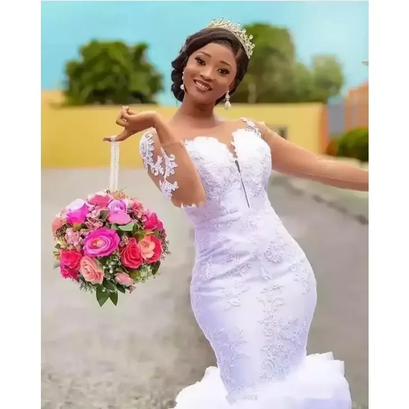 Customized Mermaid Wedding Dresses Made Long Sleeve Bridal Gowns 3D-Floral Appliques Lace Tiered Skirts Custom