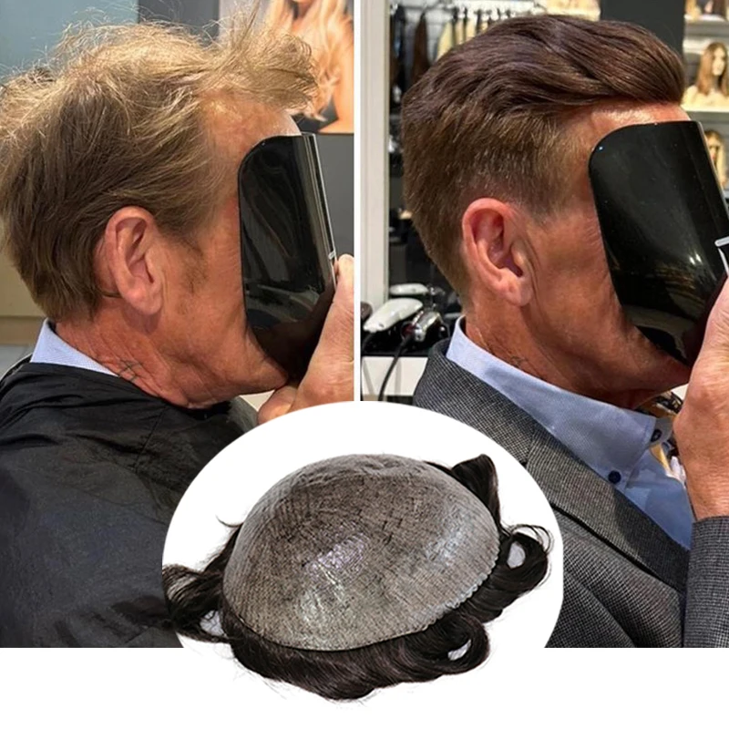 Natural Hairline Men Toupee Full 0.1mmPU Men's Capillary Prosthesis 100% Indian Human Hair Wig Wave Straight Durable Hair Syetem