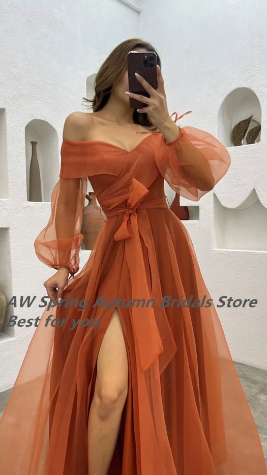 Sexy High Slit Tulle A Line Prom Dresses Sweetheart Long Sleeves Floor Length Women Cocktail Party Evening Gowns