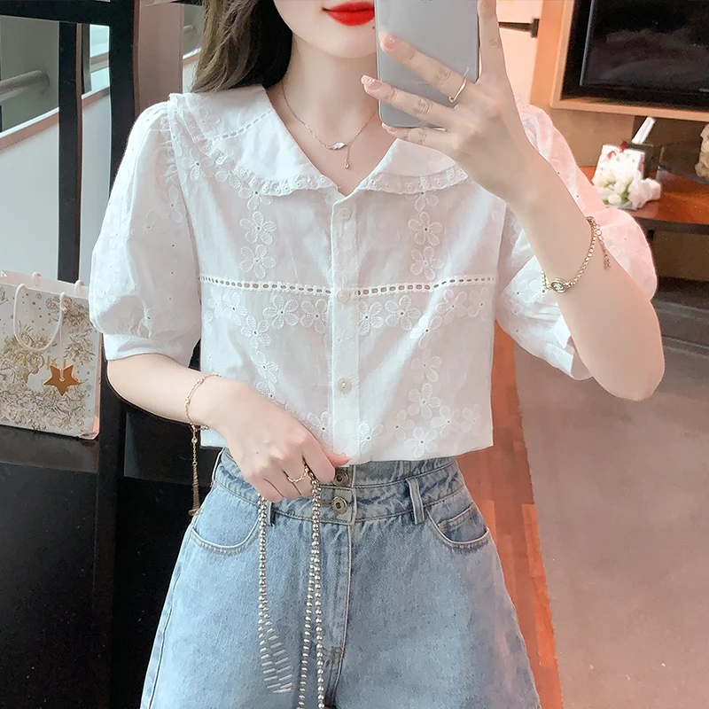 Fashion Short Sleeve Doll Collar Women Shirt Hollow Out Casual Shirt Blouse Women Tops  Blusas Mujer De Moda 2024 Verano G731