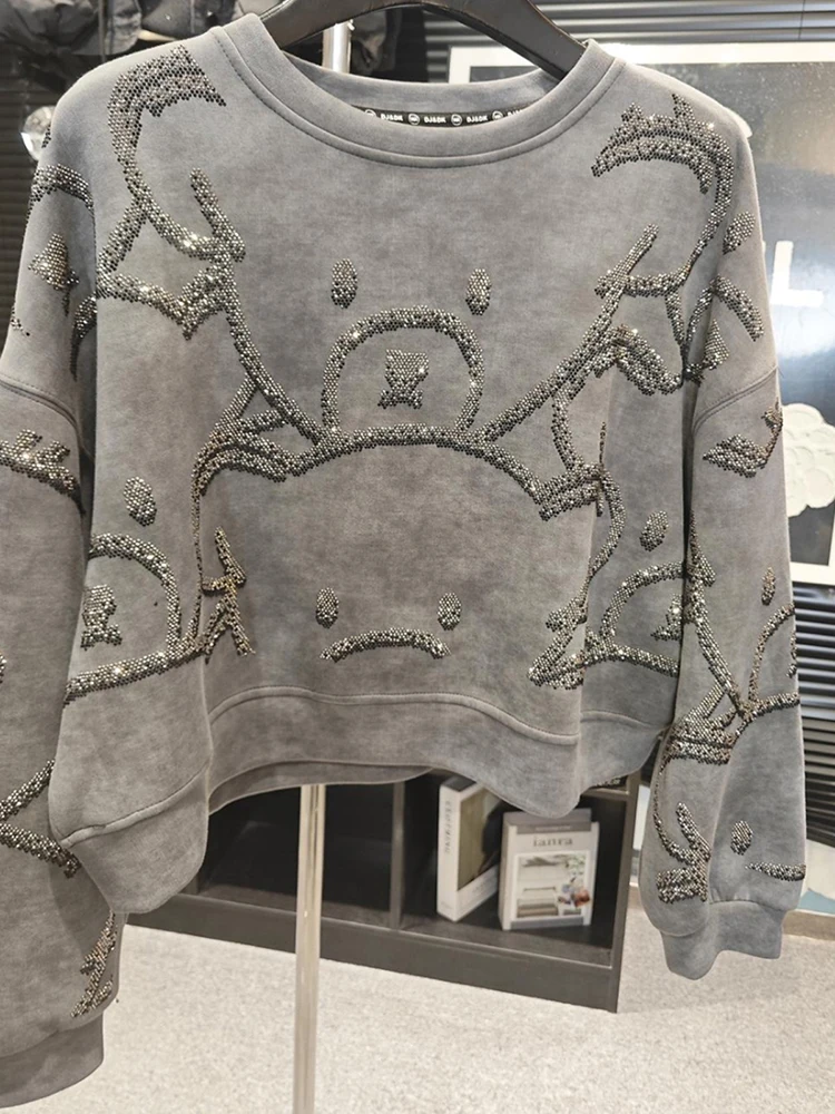 

Women Loose And Thin Full Diamond Top 2025 Spring Autumn New Heavy Industry Hot Diamond Bear Short Edition Sweatshirts