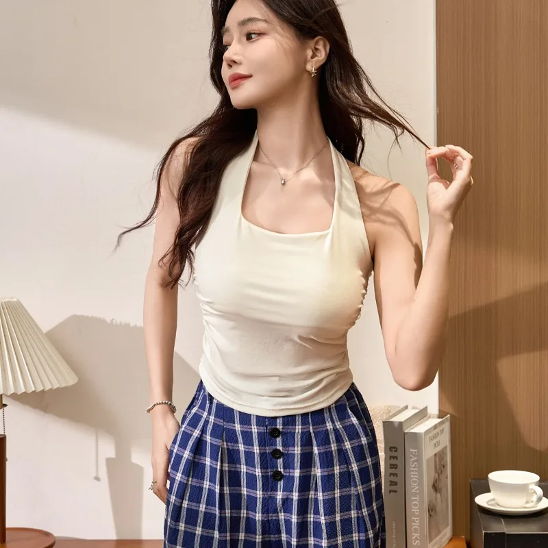 Top corto da ragazza piccante a vita alta estivo da donna con canotta con collo appeso