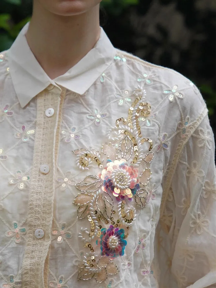 

106cm Bust Spring Shirts Tops Women Elegant Handmade Beadings Sparkling Sequins Flowers Embroidery Loose Cotton Shirts Blouses