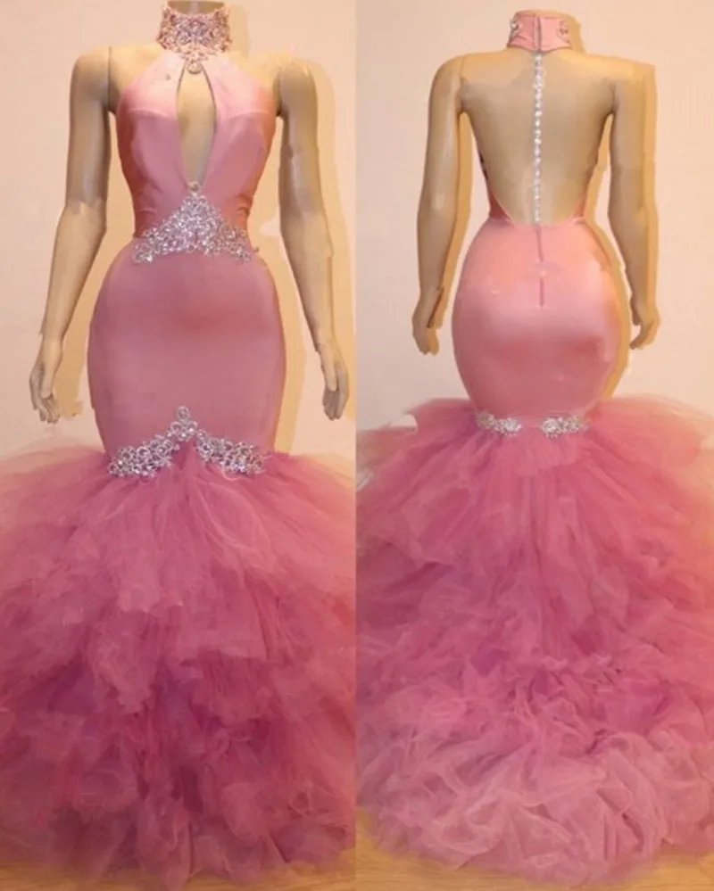 Gorgeous Pink Tulle Keyhole Prom Banquet Dress 2025 Lace Illusion Back Mermaid Formal Evening Gowns African Robes De Soirée