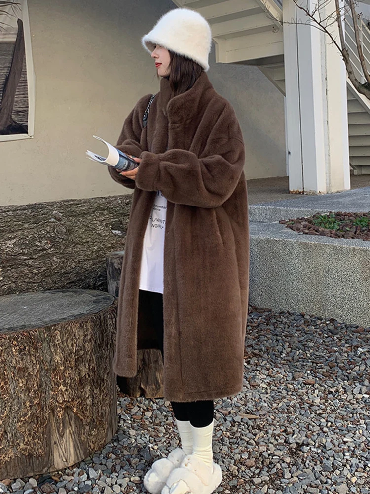 Women's Thick Faux Mink Fur Mid-length Coat Autumn Winter Fashion Stand Collar Plush Outerwear Women Elegant Warm Fluffy Jackets
