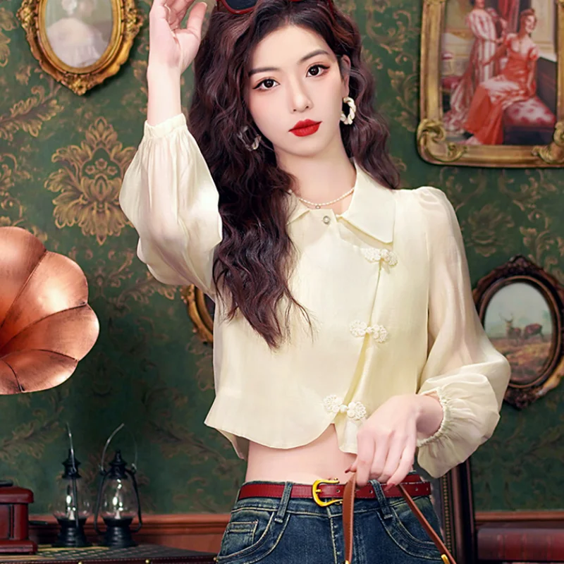 

New Chinese Style Short Shirt Women's New National Trend Asymmetrical Top Spring 2026 New Chiffon Shirt Button Design Straigh...