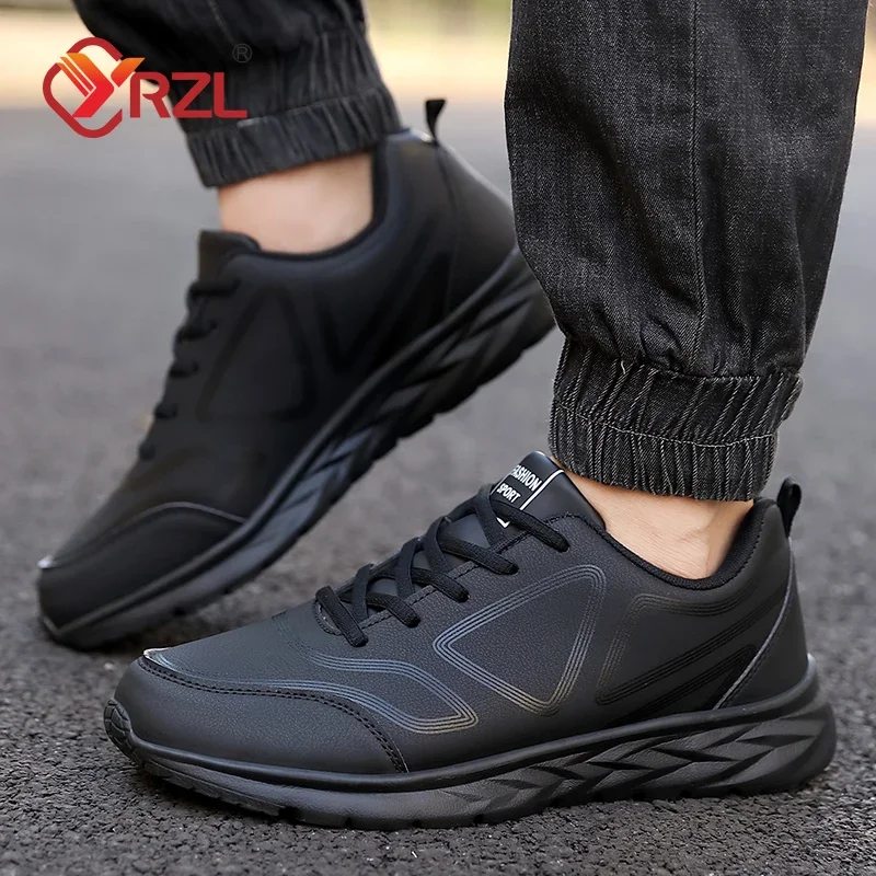 YRZL Black Running Shoes Leather Waterproof Athletic Sneakers Men Wear-resistant Men Walking Sport Shoes Comfortable Men Shoes