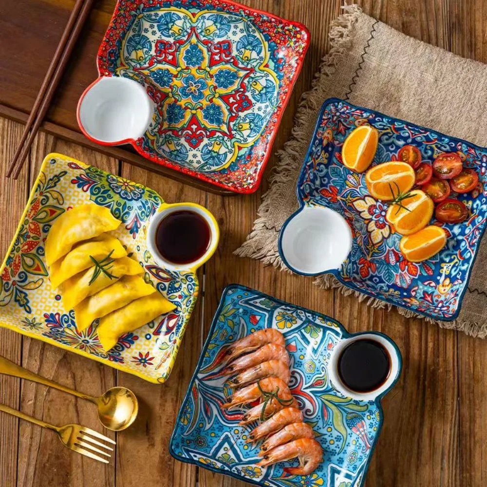 Bohemian dumpling plate with vinegar dish, household ceramic plate, segmented breakfast plate, high-end dumpling-specific plate view 2