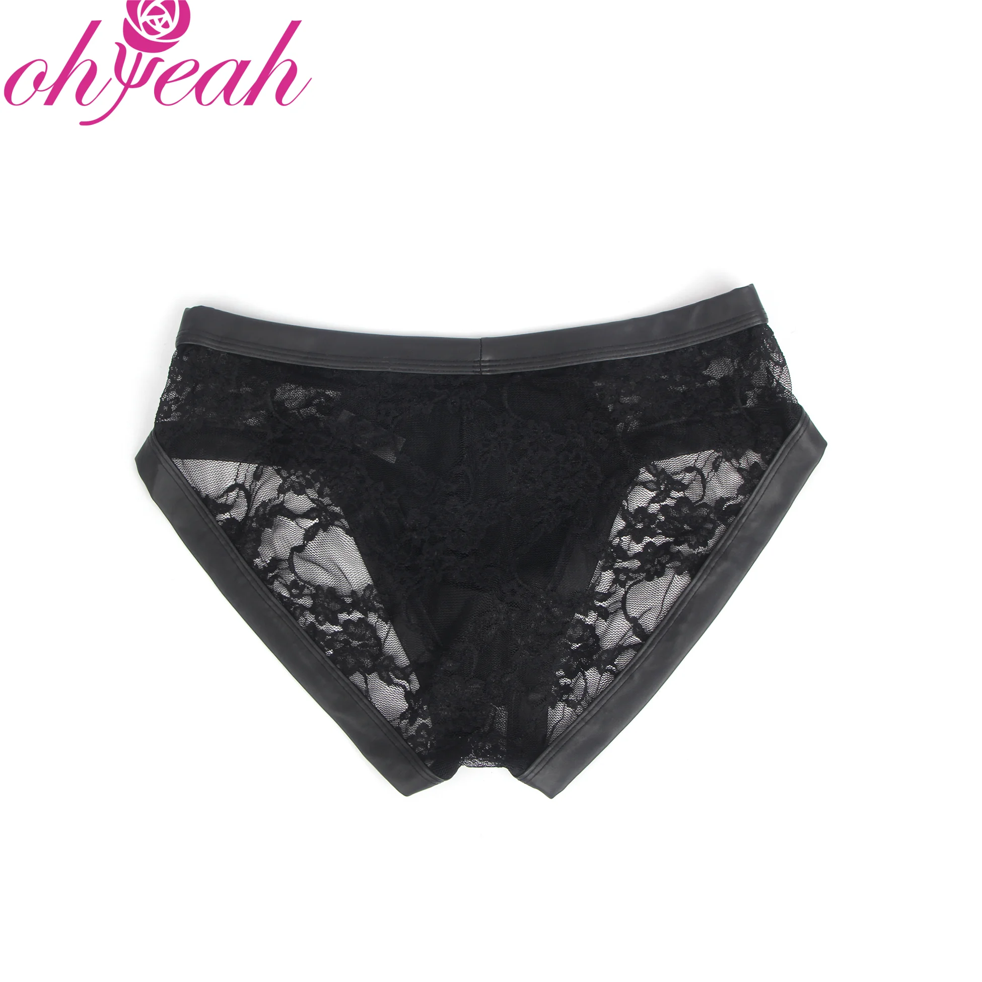 Ropa Interior Masculina de Encaje de Cuero PU Negro, Calzoncillos Triangulares Sexys con Bolsa en Forma de U, Elásticos y Ajustables, Talla Grande
