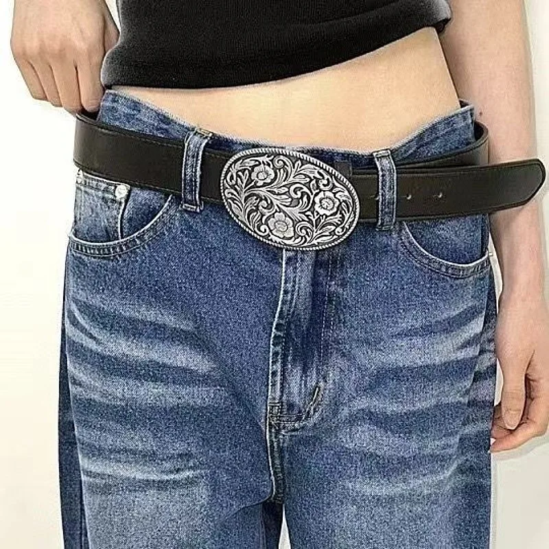 

Western PU Leather Belt Western Cowboy Women Cowgirl Unisex Waist Belt with Metal Engraved Buckle