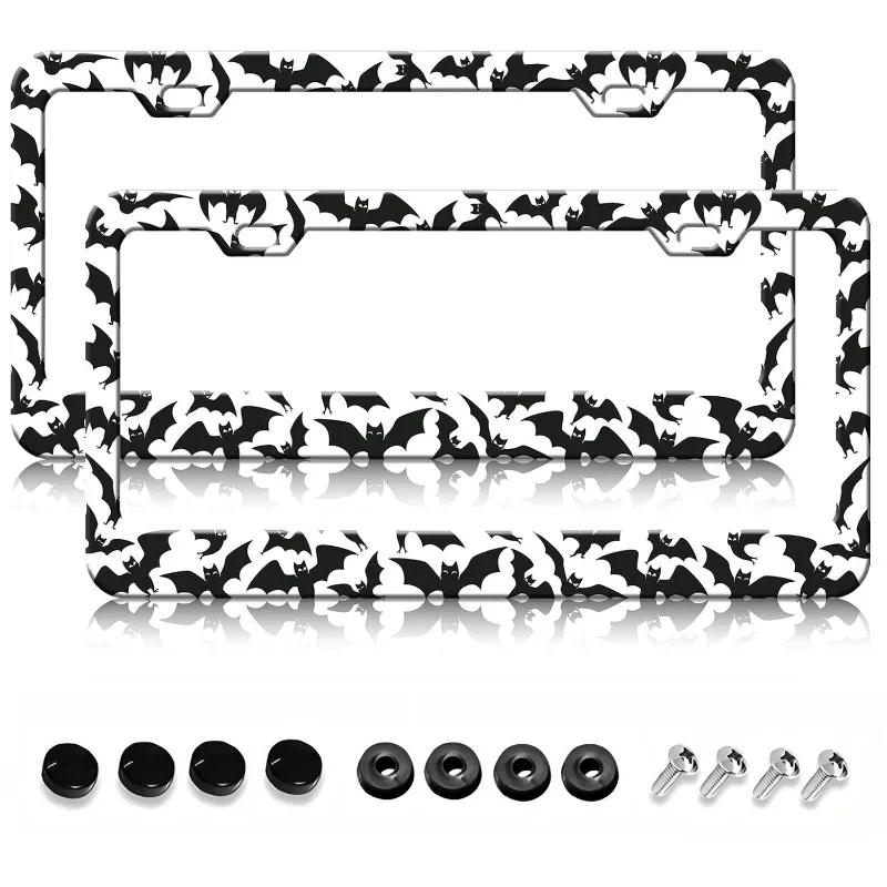 Black Bat Pattern Metal License Plate Frame on White Background Aluminum Car License Plate Decorative Frame Fit for Sedans