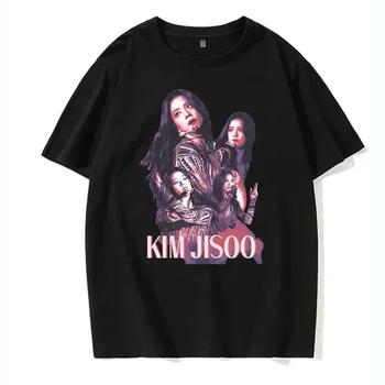 블랙 앤 핑크 Jisoo 그림 프린팅 티셔츠, 편안하고 통기성 있는 캐주얼 티셔츠, 케이팝 스타 프린팅 티셔츠, 여름 패션 