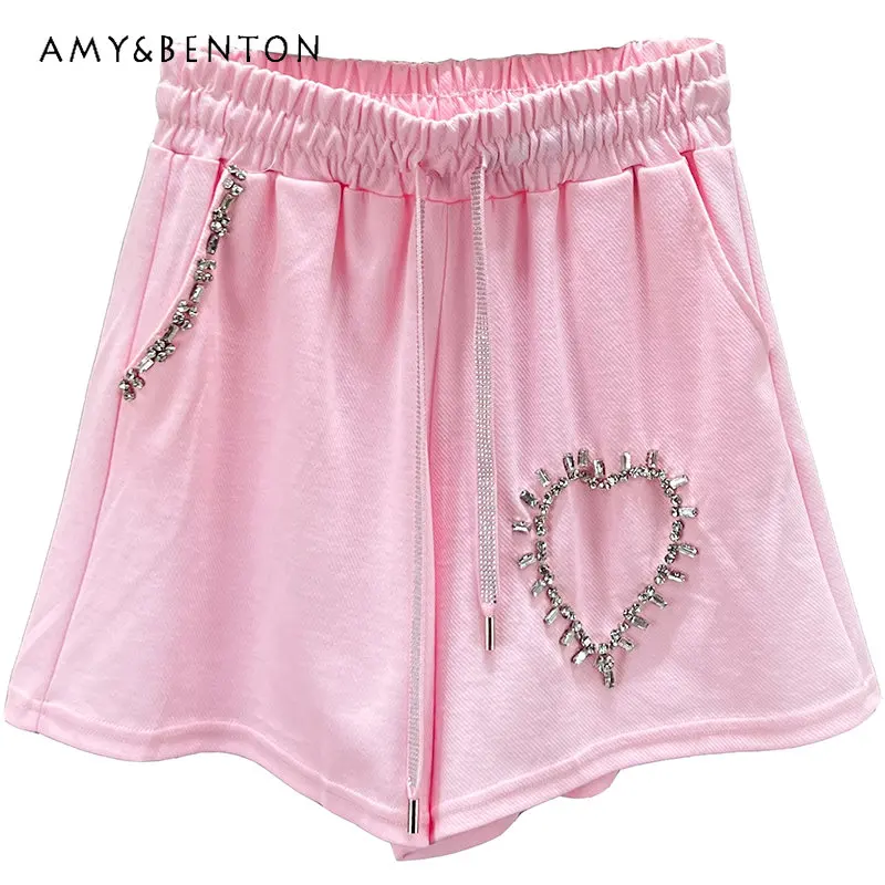 

Women's Shorts 2023 Fashion Summer Lace-up High Waist Loose Slimming Heart Shape With Diamond Casual Short Pants Wide Leg Pants