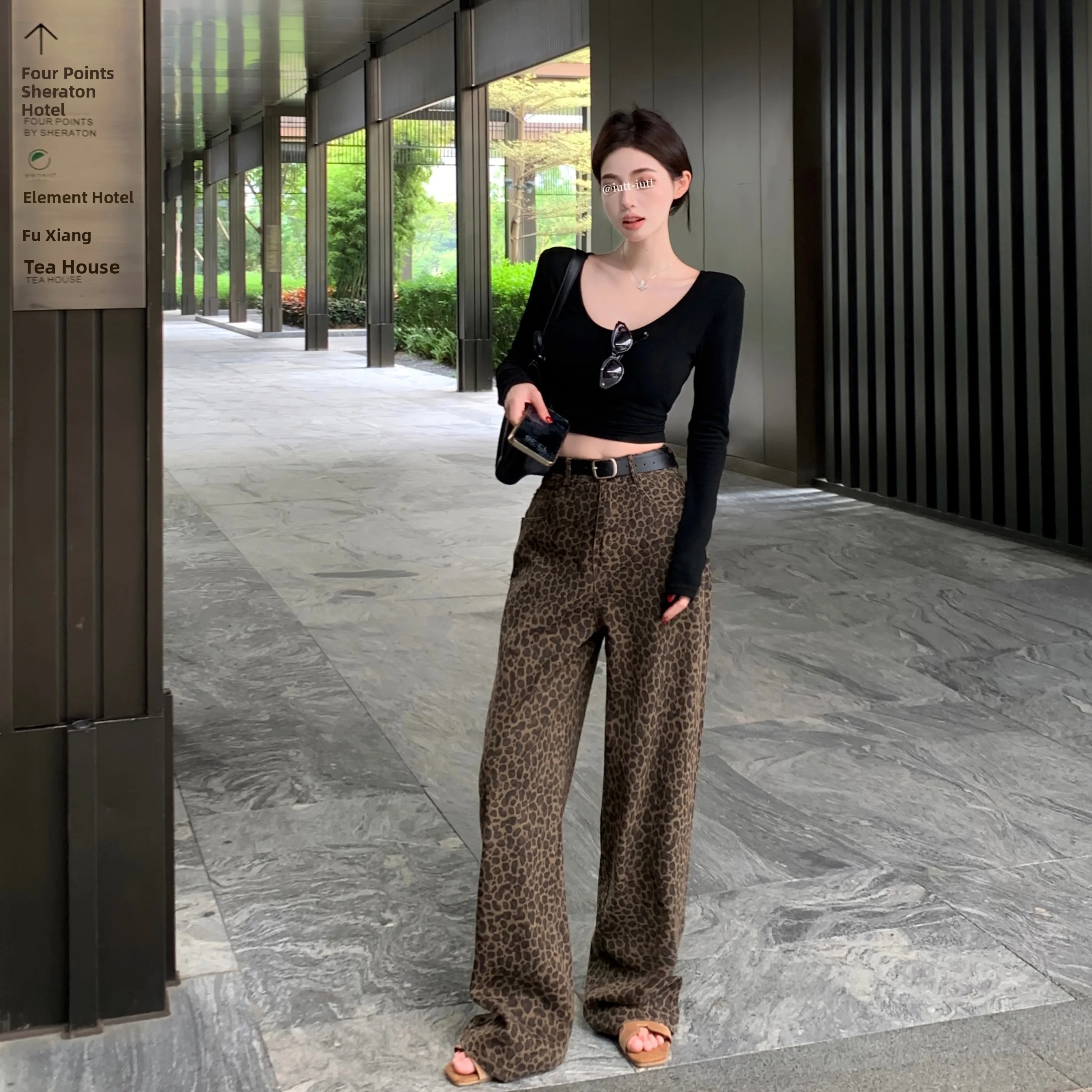 

Американские ретро-брюки с леопардовым принтом, высокой талией, драпировкой, широкими штанинами, прямые, повседневные, женские, модные, в пол