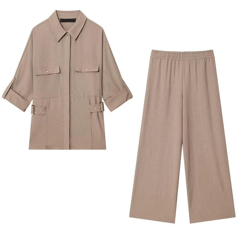 

Jenny&dave Minimalist Khaki Solid Color Shirt Pants Suit Autumn Spring Pocket Shirt High Waist Casual Wide Leg Pants Sets Wom