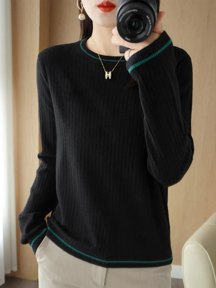 Autumn Winter New Wool Blend Sweater Woman Color Contrast O-Neck Pullover Casual Knitted Strip Drawing Tops Female Loose Sweater