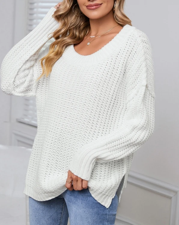 Women's Sweater Top Street Trendy 2024 Winter Solid Color Thread Knitted Casual Loose Long Sleeved Pullover Round Neck Top