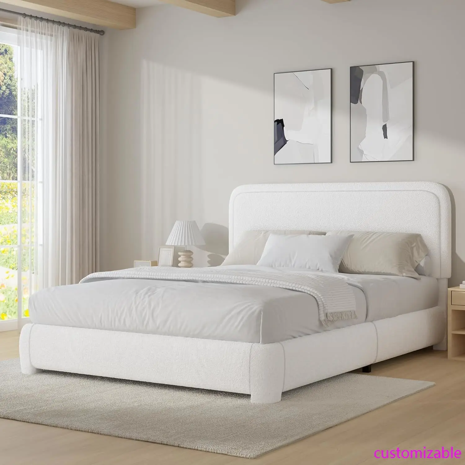 Full Size Bed Frame, Boucle Upholstered Platform Bed Frame with Headboard, Modern Style, Soft Rounded Corners