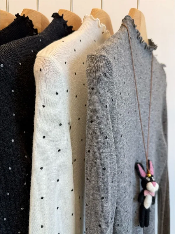 

Slim Fit Knitted Sweater Women's Winter Inner Wear Long Sve f High Collar Polka Dot Wooden Detailing Commute Sle
