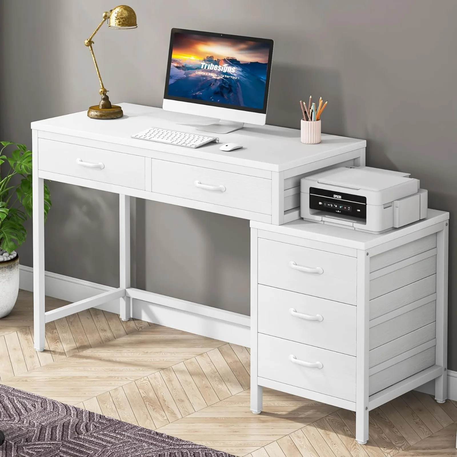 US Computer Desk with 5 Drawers, Home Office Desks with Reversible Drawer Cabinet Printer Stand, Industrial PC Desk