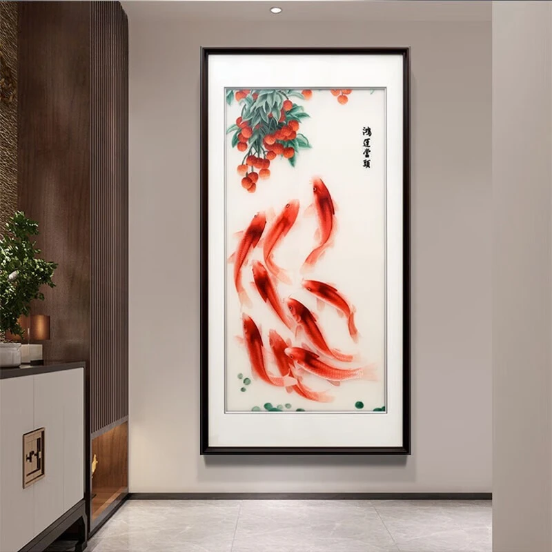 Pure handmade silk Chinese style embroidery painting nine fish map