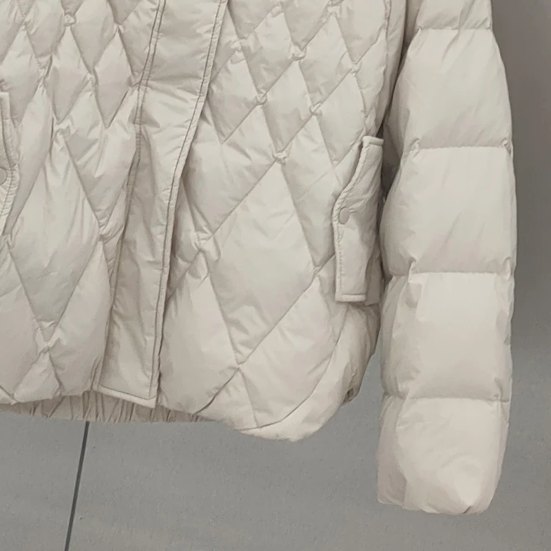 Schinteon Women White Duck Down Jacket Stand Collar Argyle Autumn Winter Casual Over Size Outwear Coat Real Picture Top 2024 New