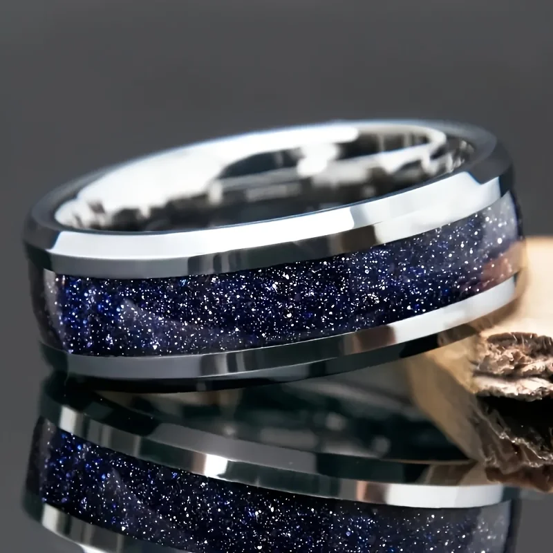 Tungsten Carbide Ring Wedding Engagement Steel Color Inlaid Lapis Lazuli Tungsten Steel Men\'s Ring