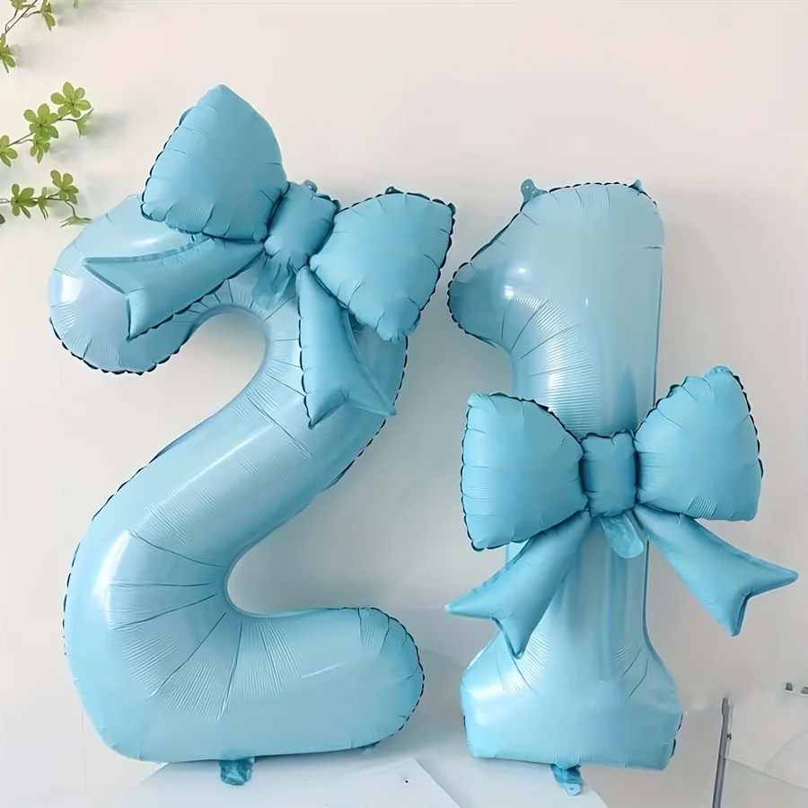 2 Stück/Set Blaue Zahlen- & Schleifen-Folienballons mit Klebepunkten, Valentinstag Geburtstag Hochzeit Verlobung Jubiläum Feiertagsparty Dekoration – Detail 2