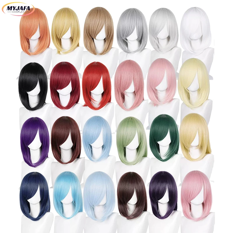 Wysokiej jakości peruka do cosplay o średniej długości 40 cm z grzywką Blond Różowy Czerwony Fioletowy Niebieski Szary Żaroodporne syntetyczne peruki do włosów + czapka z peruką