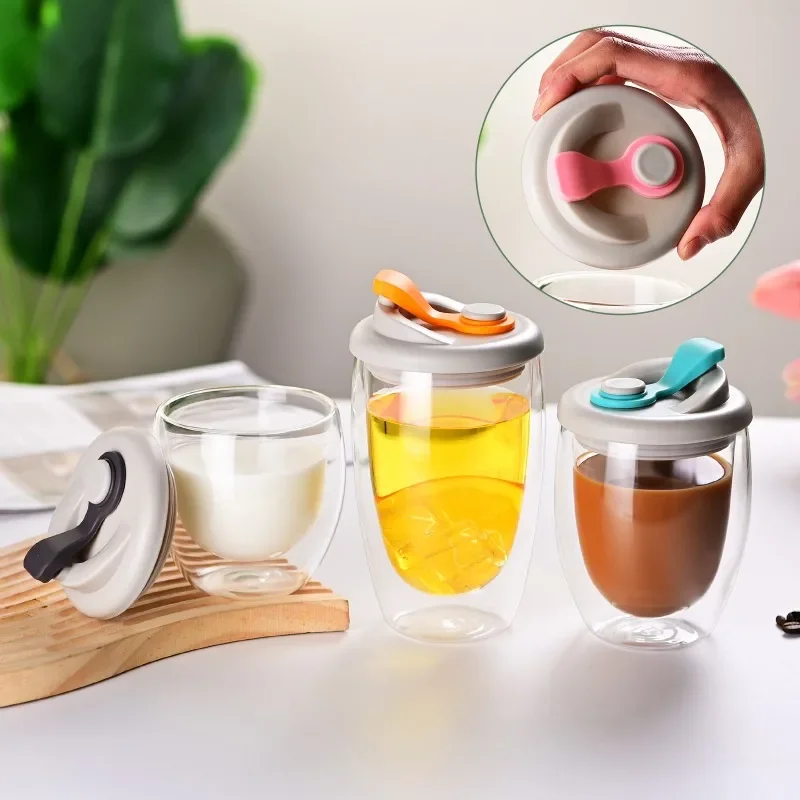 

Double Wall Glasses Coffee Cups With Silicone Lid,Insulated Coffee Mug,High Borosilicate Glass Cup,Home Portable Drinkware