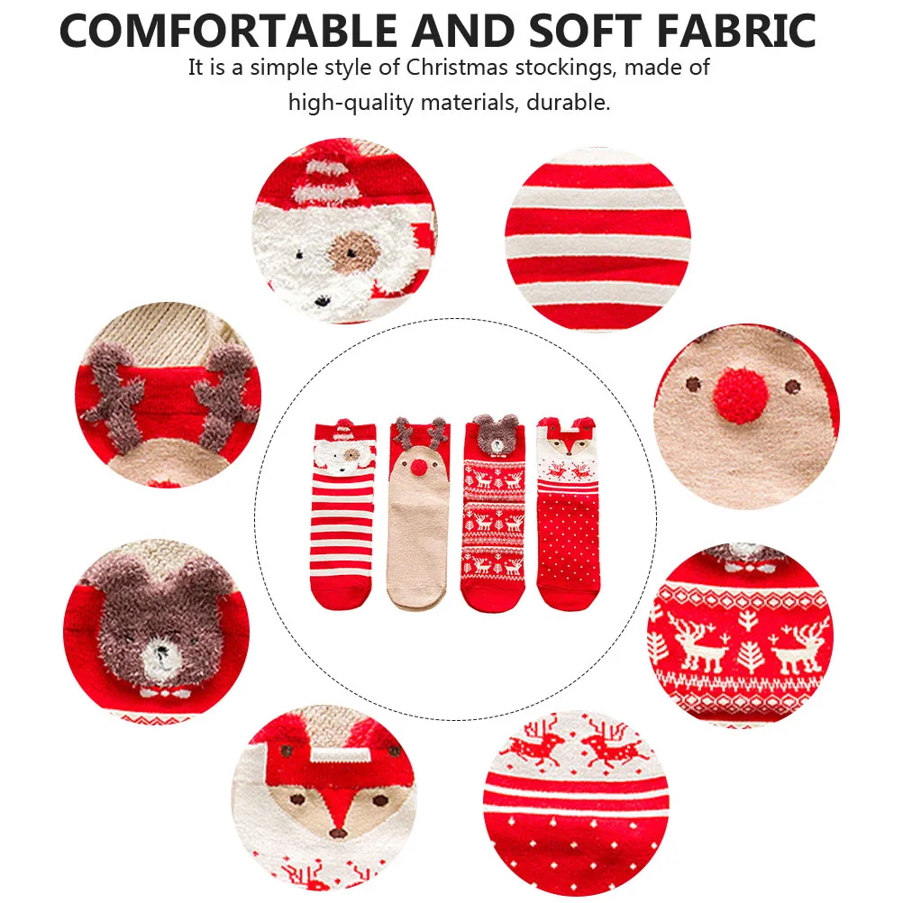 

4Pairs Cotton Socks Christmas Design Red Mixed Pattern Breathable Light Easy Wear Festive Holiday Gift for Her