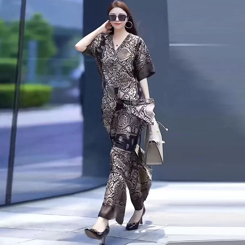 

Women's Set 2025 Summer Loose Heavyweight New Fashionable Printed Mother Set Medium Long Top Shirt Wide Leg Pants Two-piece Set
