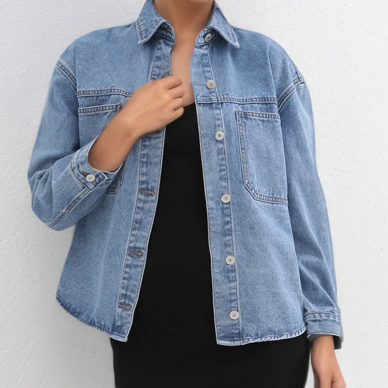 2025 الخريف المرأة كبيرة الحجم غسلها قميص دينيم فضفاض كم طويل عادية زر أسفل بلوزة خمر الأزرق الدنيم للطبقات