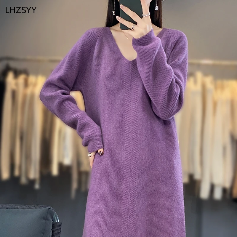 LHZSYY 2023 Autumn Winter New 100%Pure Wool Knit Long Skirt Women\' V-Neck Loose Dress Casual Warm Jumper Cashmere Base Shirt Top