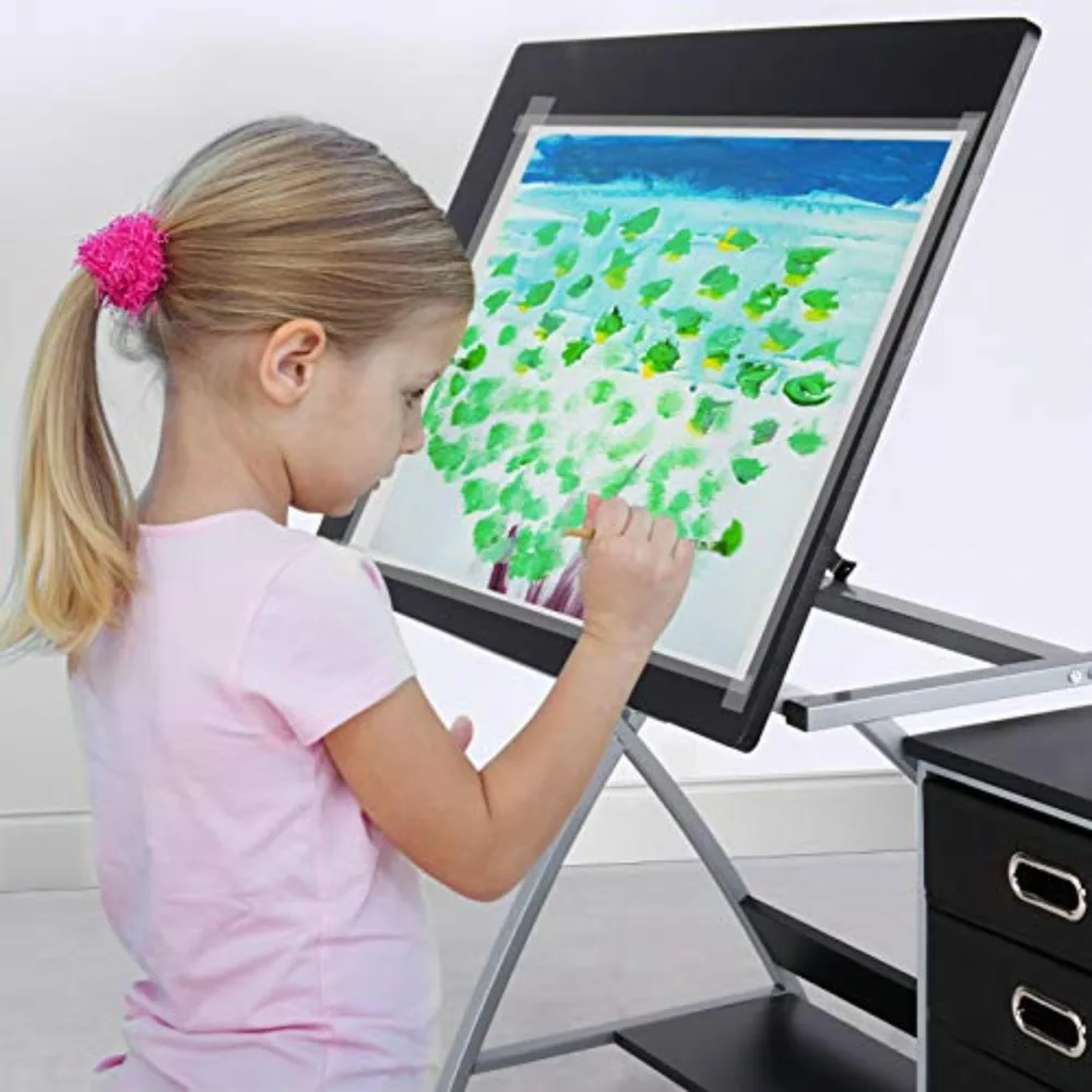Drafting Tables, Draft Drawing Desk w/Stool and Tiltable Tabletop, 3 Storage Drawers, Reading, Writing Art Crafting