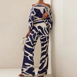 2025 Spring New Suit European and American Fashion Printed One Shoulder Loose Bat Sleeve Waist Wide Leg Pants Fashion Suit