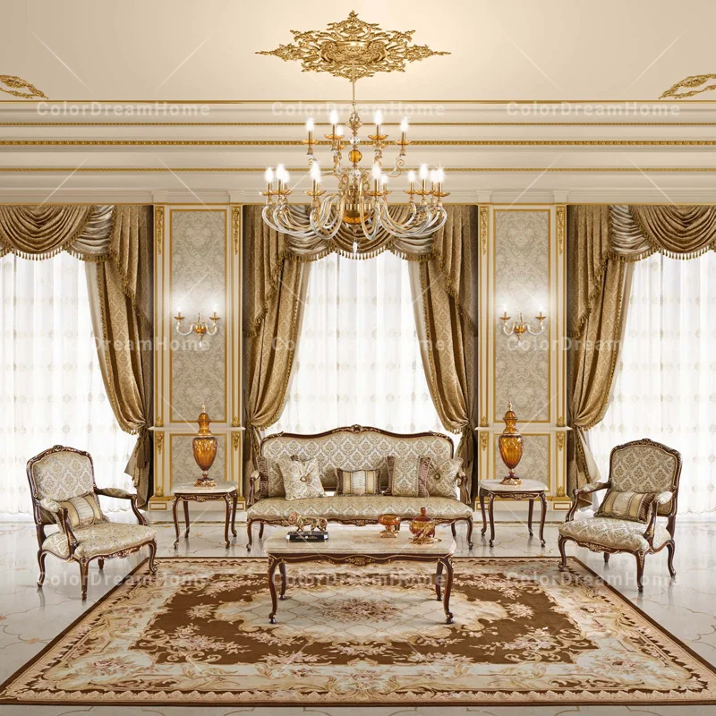 

European antique fabric sofa set wooden living room furniture