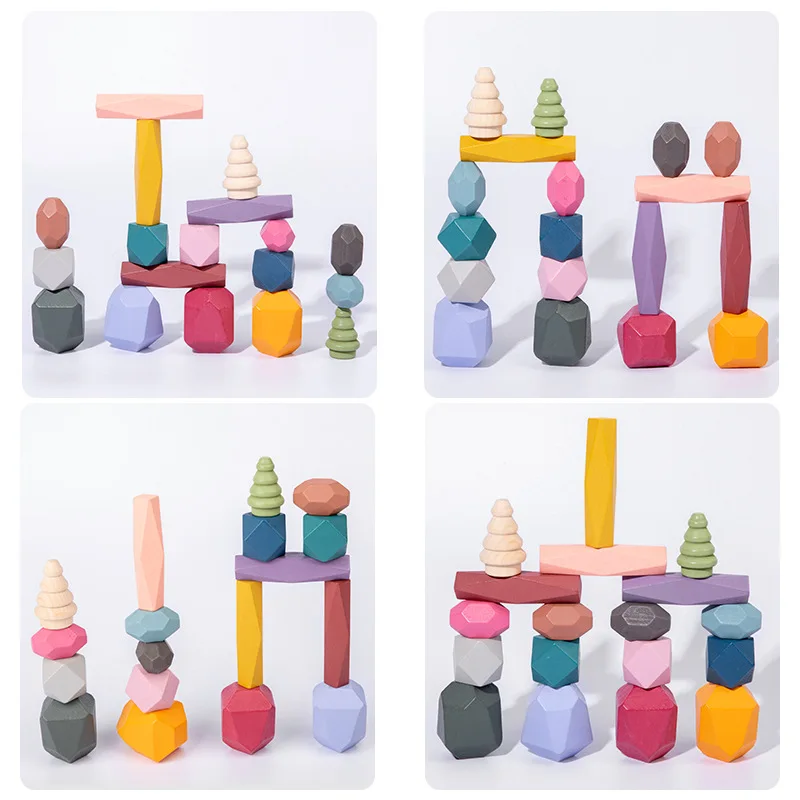 Baby Wooden Building Block Colored Stone Creative Educational Toys Nordic Style Stacking Game Rainbow Stone Wooden Toys