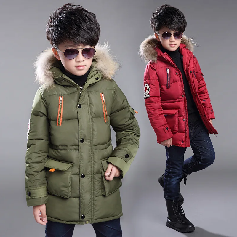 Children\'s down jacket new winter boys\' and girls\' Plush warm medium length jacket hooded large wool collar cotton padded jacket