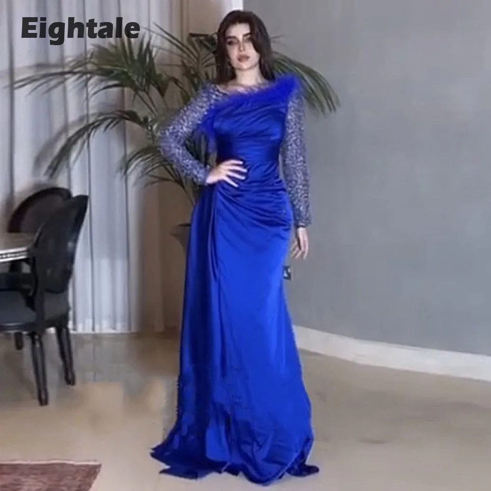 Eightale Royal Blue Evening Dress Satin O-Neck Sequin Long Sleeves Feather Arabic Prom Gown Wedding Party Dress Vestidos De Noch